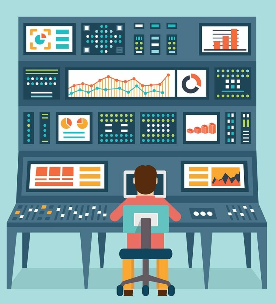 Revenue Operations HQ with person sitting at bank of controls. Vector art